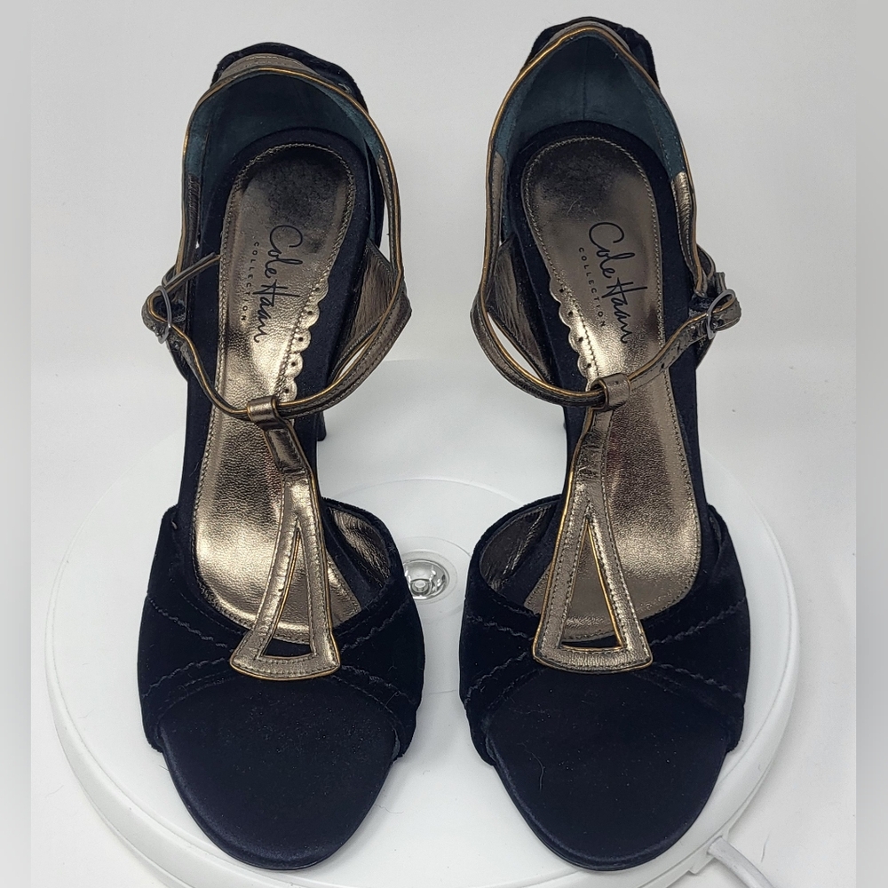 Cole Haan Black Velvet & Brassy Gold Open Toe Stilletto T-Strap Heels - Picture 12 of 16